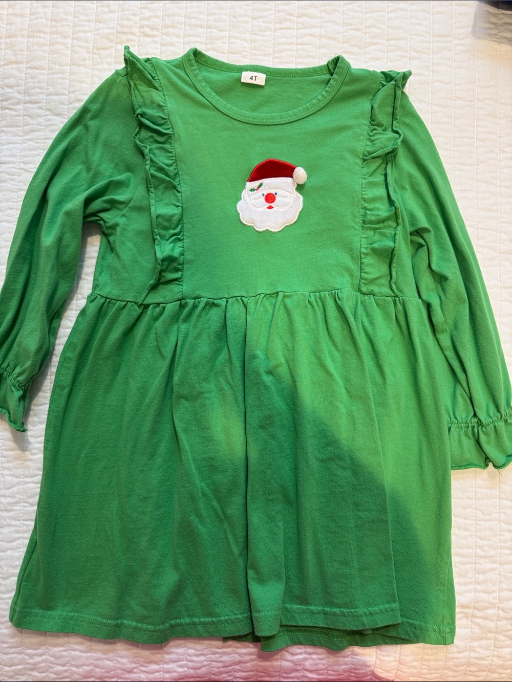 Green Santa Applique Long Sleeve Dress - 4T